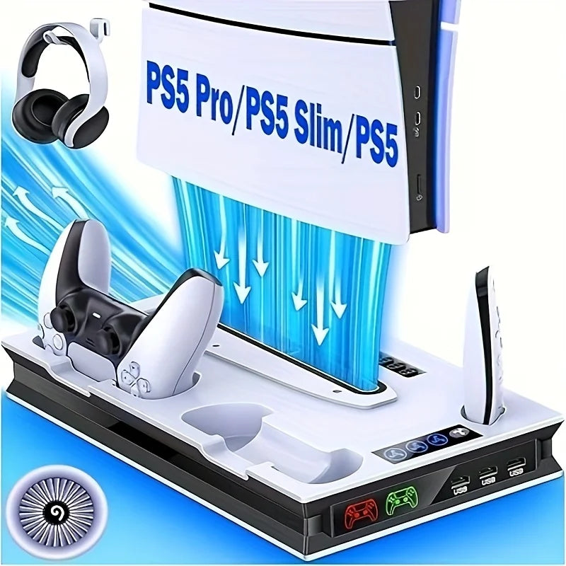 DinoFire S5000 3 Speed Cooling Fan3 Port USB Hub, Headset Holder, and Game Storage, Compatible with PS5 Disc & Digital Consoles