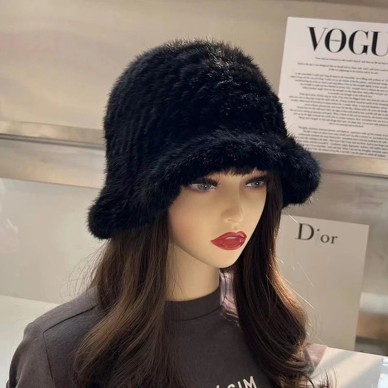Sombrero de pescador de piel de visón Real para mujer, sombrero de bombardero de piel de visón Natural, sombrero de punto ajustable de lujo, Invierno