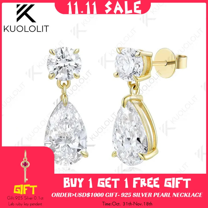 Kuololit 3CTW Pendientes de diamantes cultivados en laboratorio para mujer Sólido 18K 14K 10K 585 Pendiente de clip de pera de oro amarillo para regalo de Navidad