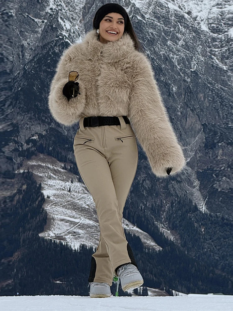 Traje de esquí de una pieza para mujer con parches de piel sintética, con cremallera, a prueba de viento, impermeable, cálido, para snowboard, para deportes de nieve al aire libre en invierno.