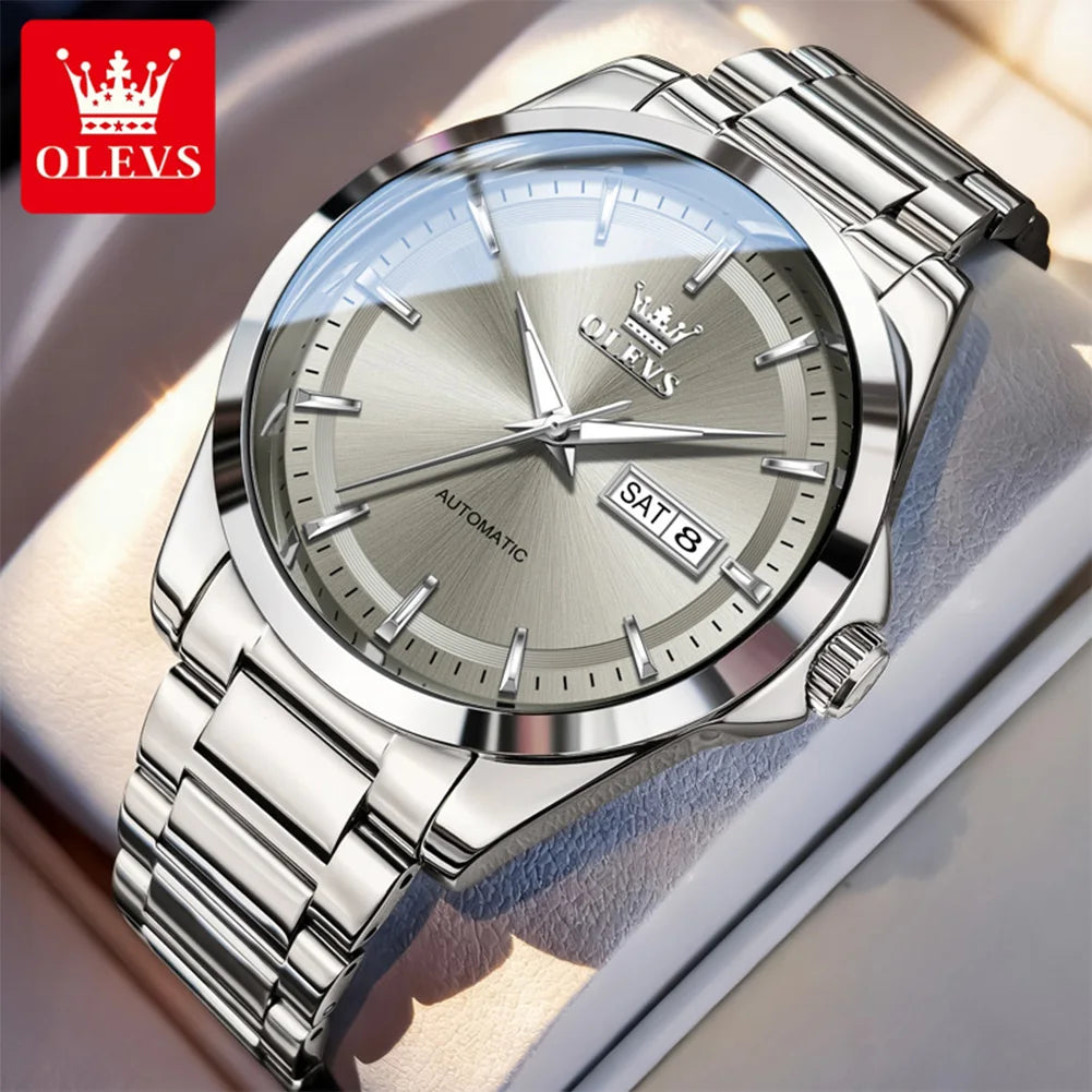 Reloj para hombre OLEVS 7090, reloj de pulsera mecánico automático con doble calendario, de acero inoxidable y resistente al agua, de gran venta