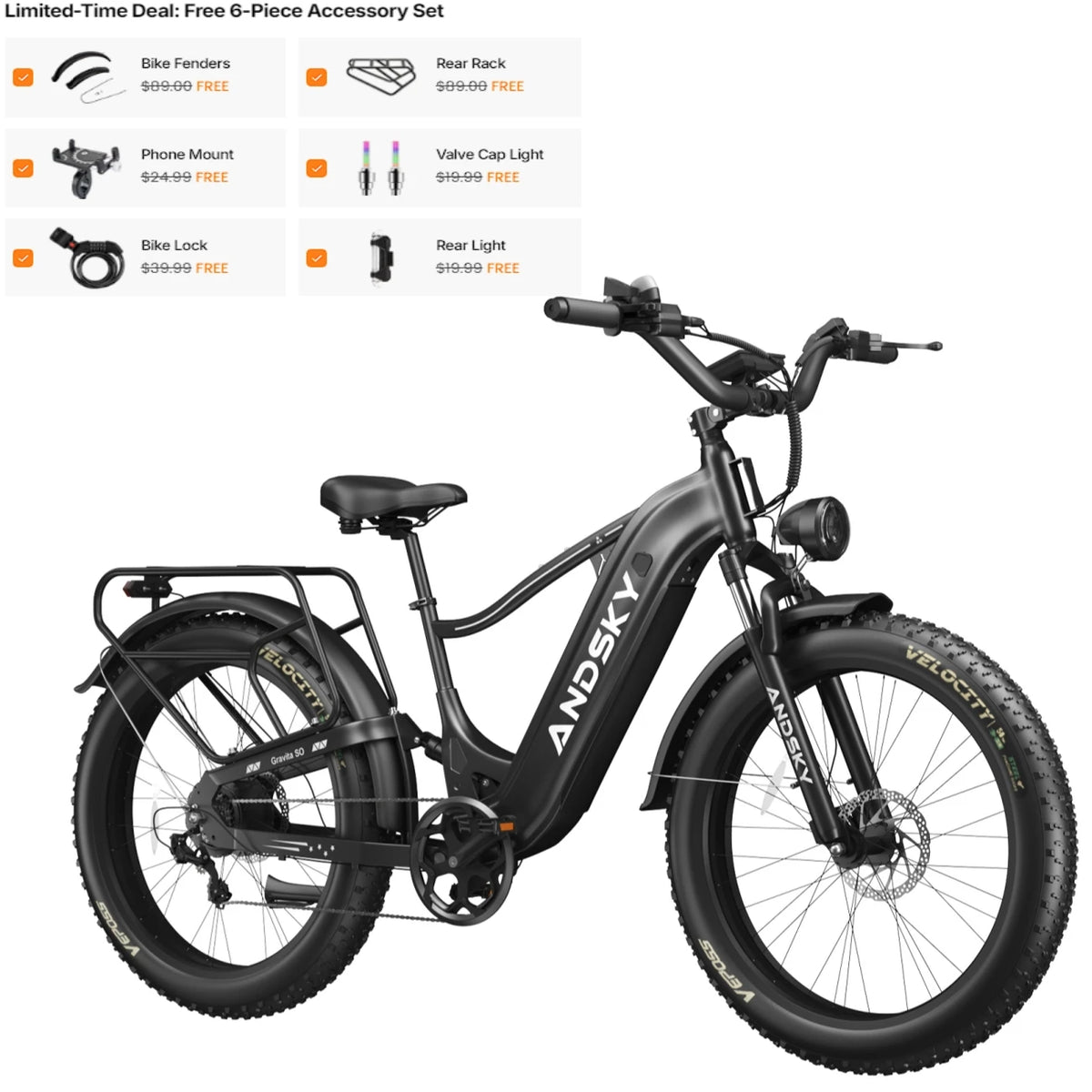 ANDSKY Gravita SO Electric Bike for Adults 7-Speed Gears City Commuter E-bike 120KM Long Range 48V 20Ah Removable Battery 26"x4" All-Terrain Fat Tires Electric Bicycle Hydraulic Disc Brakes