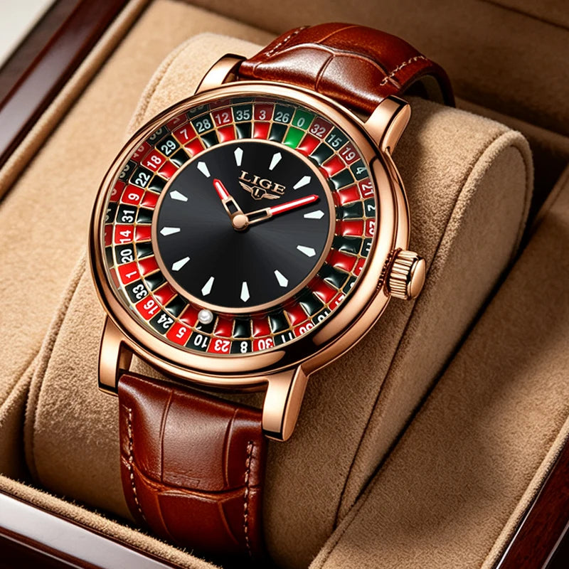 LIGE Casino Roulette Dial Men Watch Retro Brown Leather Strap Waterproof Quartz Watches for Men Business Casual Wrist Gift Watch