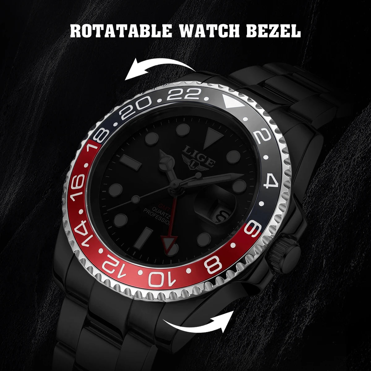 LIGE Top Brand Fashion Men GMT Quartz Watch Luxury Stainless Steel Waterproof Luminous Date Business Mens Watches Reloj Hommes