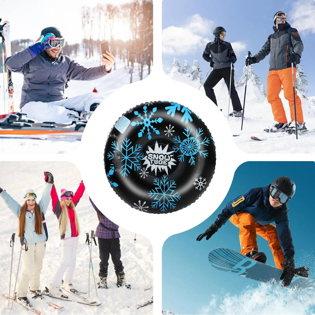 Tubo de nieve inflable, anillo de remolque para deportes al aire libre para adultos, tabla de esquí de PVC engrosada con forma de copo de nieve, trineo de nieve en forma de donut, equipo de trineo