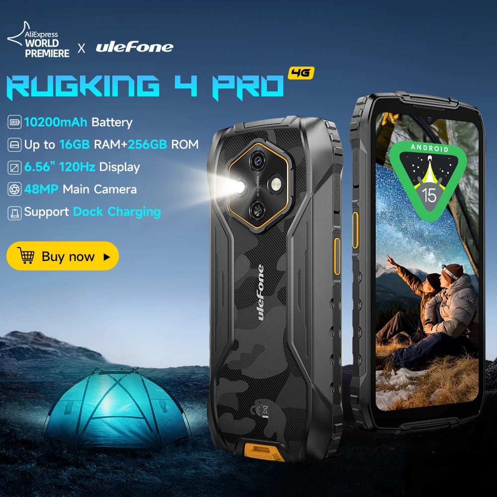 Teléfono resistente Ulefone RugKing 4 Pro, Android 15, hasta 16 GB+256 GB, smartphone resistente al agua, 10200 mAh, cámara de 48 MP, NFC, versión global, 6.56", 120 Hz