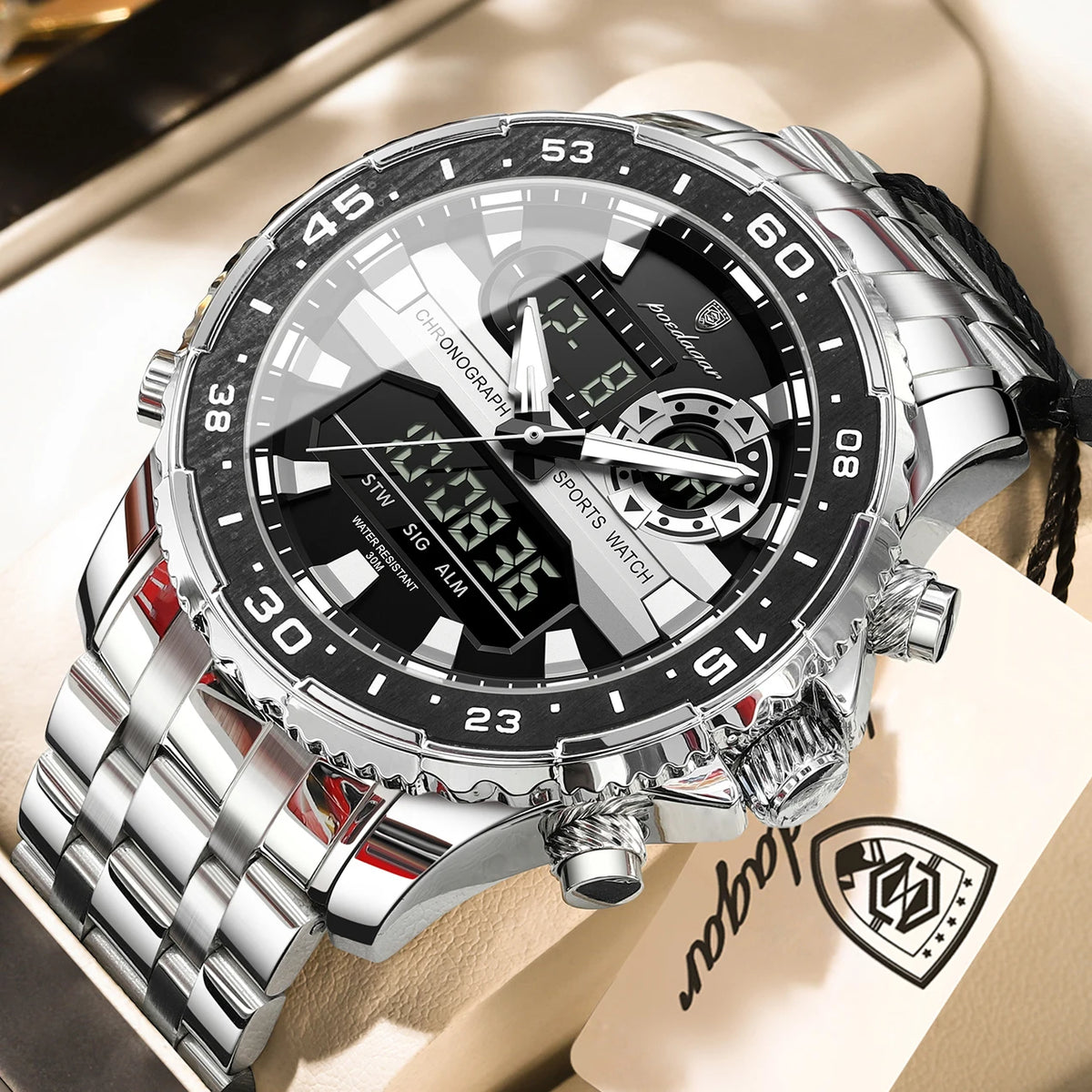 Reloj de lujo para hombre POEDAGAR con LED superior, resistente al agua, electrónico, con doble visualización de hora, digital, de cuarzo y acero inoxidable