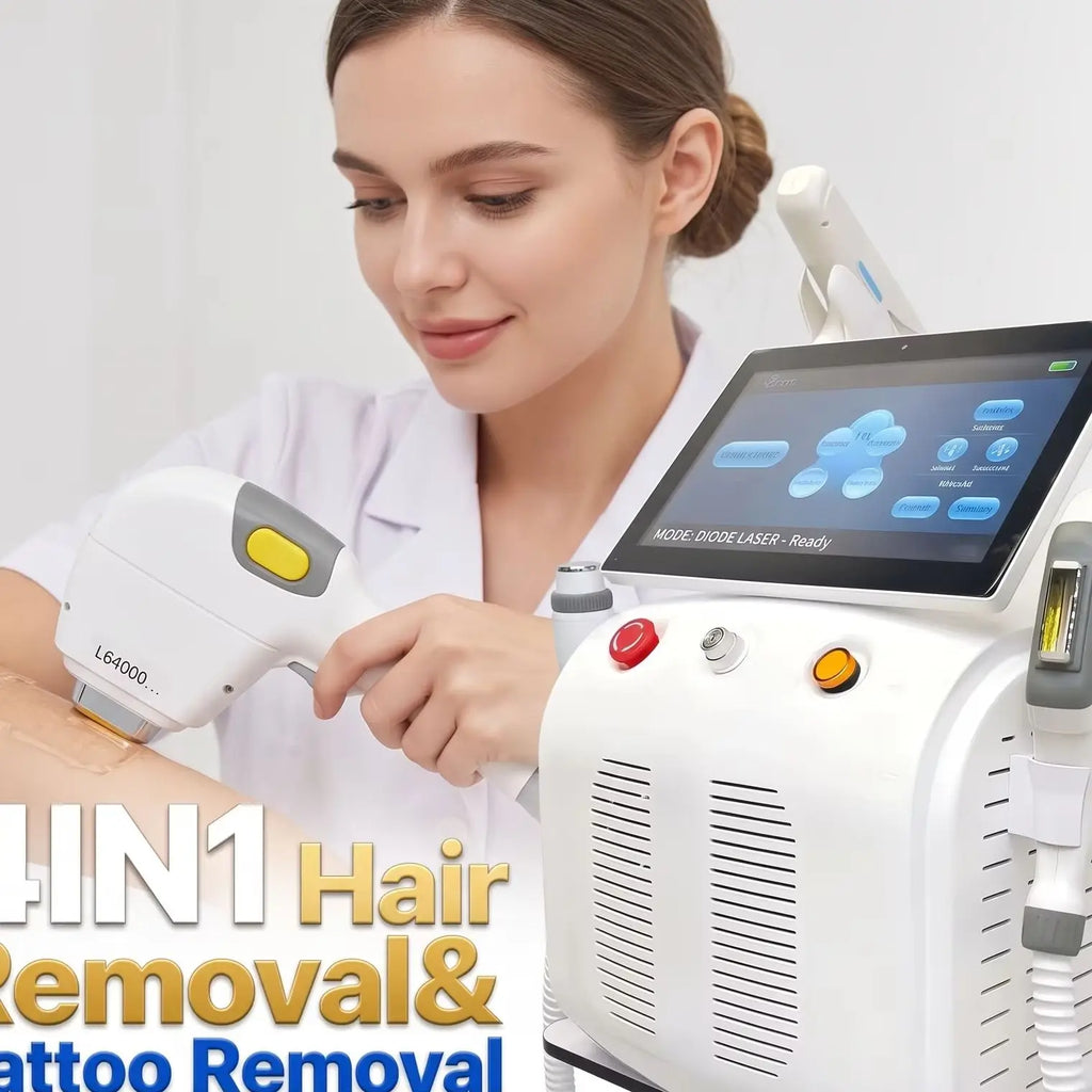 Máquina multifuncional para salones de belleza con láser de diodo 4 en 1, radiofrecuencia (RF), láser DPL y láser Pico: depilación permanente, eliminación de tatuajes y rejuvenecimiento de la piel.