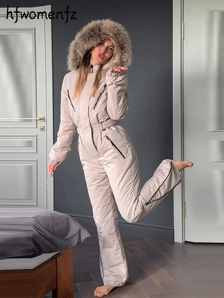 Mono de esquí de una pieza con capucha y parches de piel para mujer, estilo casual, con cinturón, manga larga, cierre de cremallera, mono liso, ropa de esquí para mujer, invierno 2026