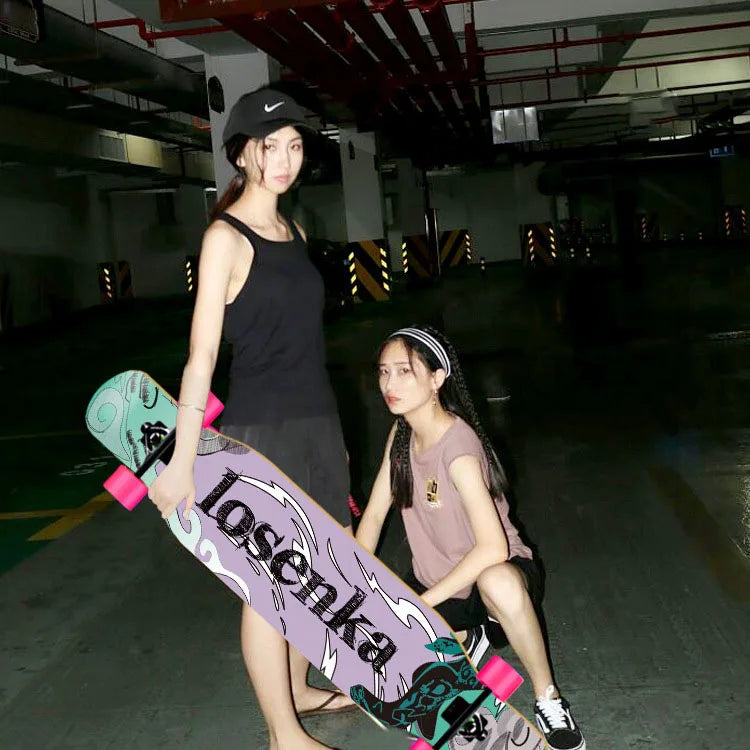 Patineta Completa para Mujer, Longboard de 110/120 cm, Tabla de Madera de Arce de 7 Capas, Ruedas de PU, para Principiantes, Freestyle, Baile Callejero