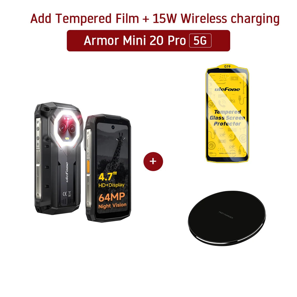 Ulefone Armor Mini 20 Pro Teléfono resistente de 4,7" Smartphone 5G Android 14 6200mAh 16GB(8+8) 256GB 64MP Visión nocturna Carga rápida de 33W