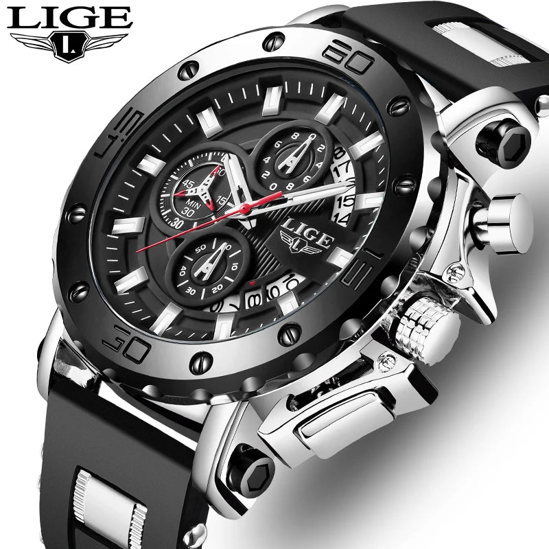 Nuevo reloj de cuarzo LIGE de lujo para hombre, estilo de negocios, esfera grande, cronómetro, resistente al agua, luminoso, informal, deportivo, con caja