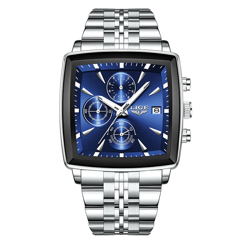 Relojes de lujo LIGE para hombre, esfera cuadrada, acero inoxidable, resistente al agua, luminoso, fecha automática, cronógrafo, reloj de cuarzo para hombre + caja