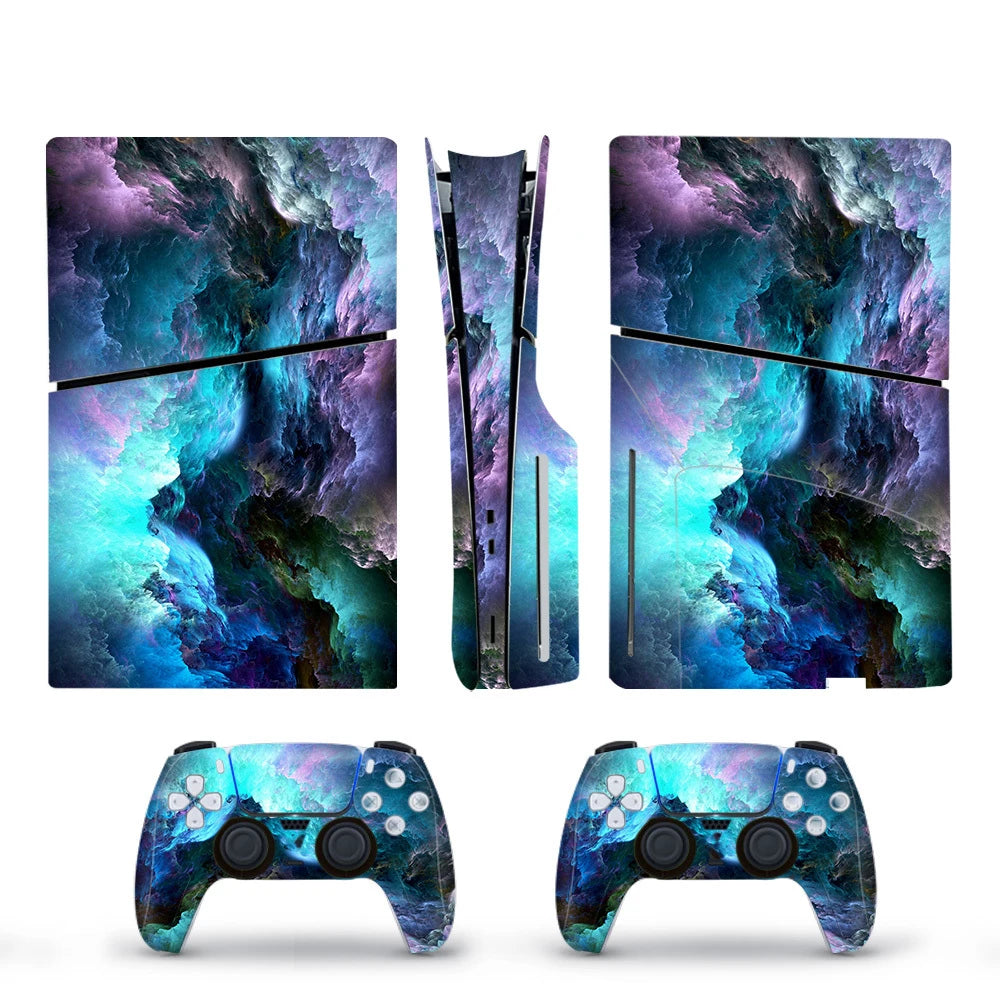 Vinyl Cover Skins for PS5 Slim Console 2PCS Galaxy Stickers Controller Wraps Set for PlayStation 5 Disc Edition Accessories