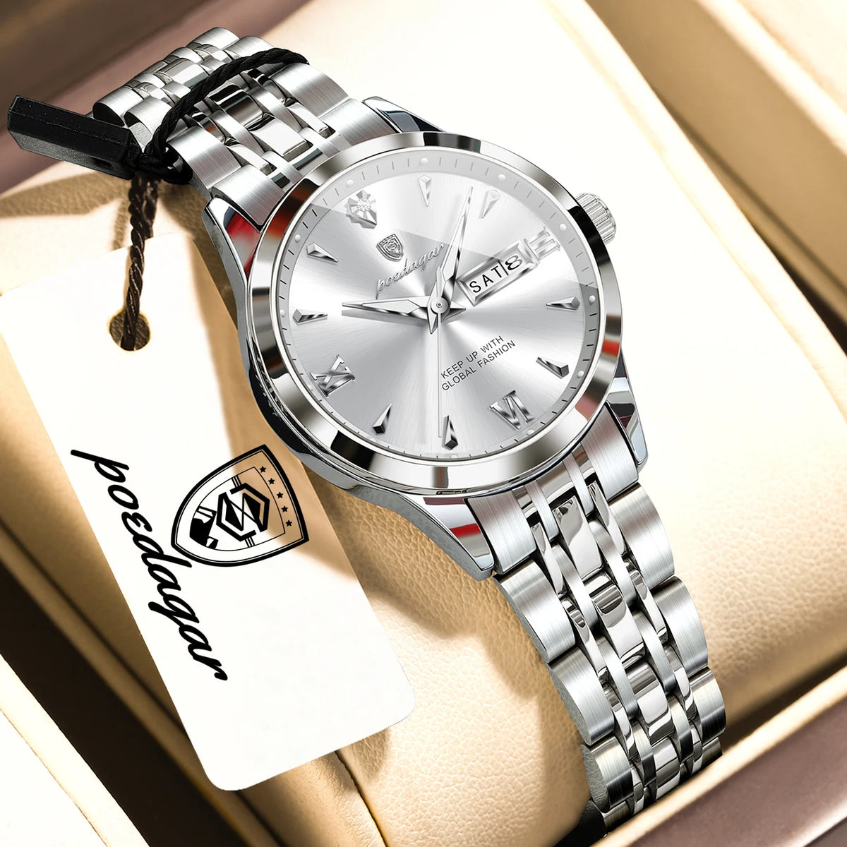 Reloj de pulsera informal POEDAGAR para mujer, resistente al agua, con fecha, semana, luminoso, de acero inoxidable, reloj de moda para mujer