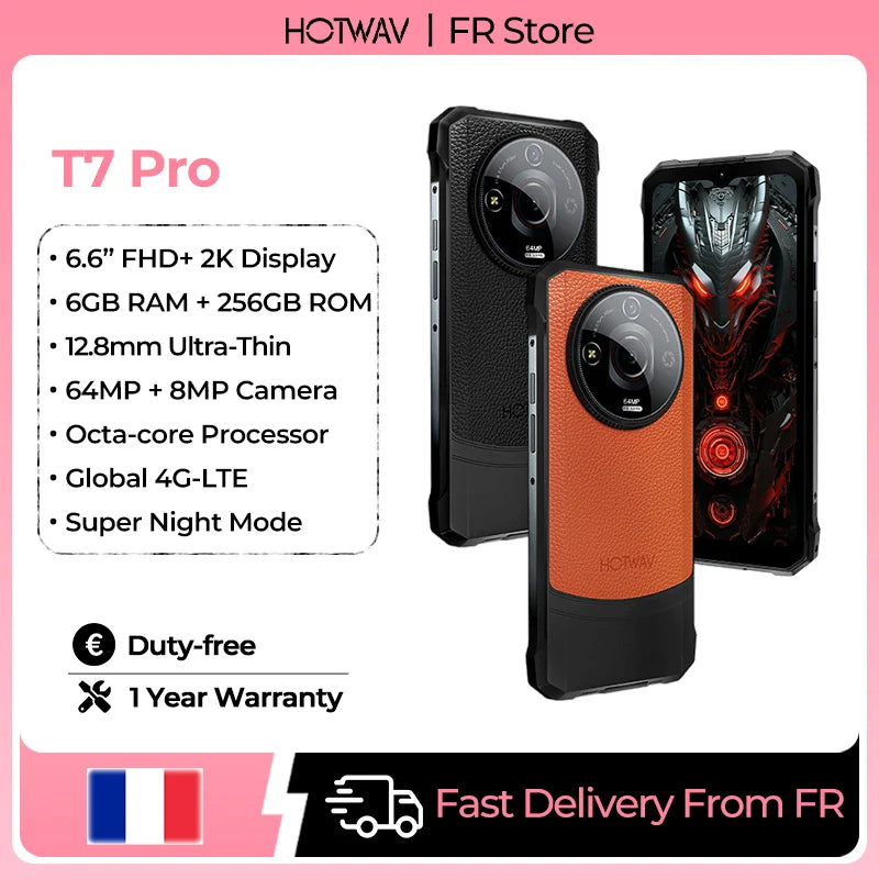 Smartphone resistente HOTWAV T7 Pro Octa-core, pantalla FHD+ 2K de 6,6'', 6 GB de RAM, 256 GB de ROM, cámara de 64 MP, modo súper noche, Android 13, batería de 6280 mAh, 4G dual, NFC, GPS, teléfono móvil ultradelgado