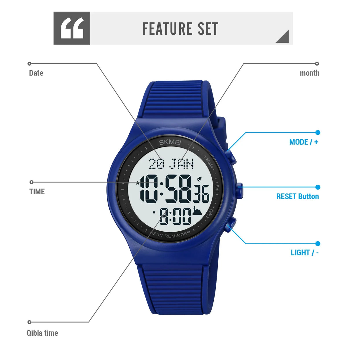 Reloj Skmei para oración con brújula Qibla, alarma Adhan, calendario Hijri, luz de fondo, reloj islámico para hombre, modelo 1981