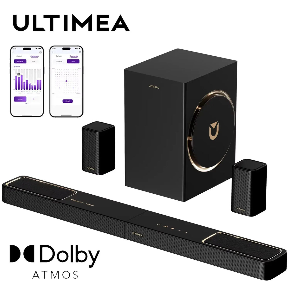 Barra de sonido ULTIMEA con subwoofer y dos altavoces surround negros