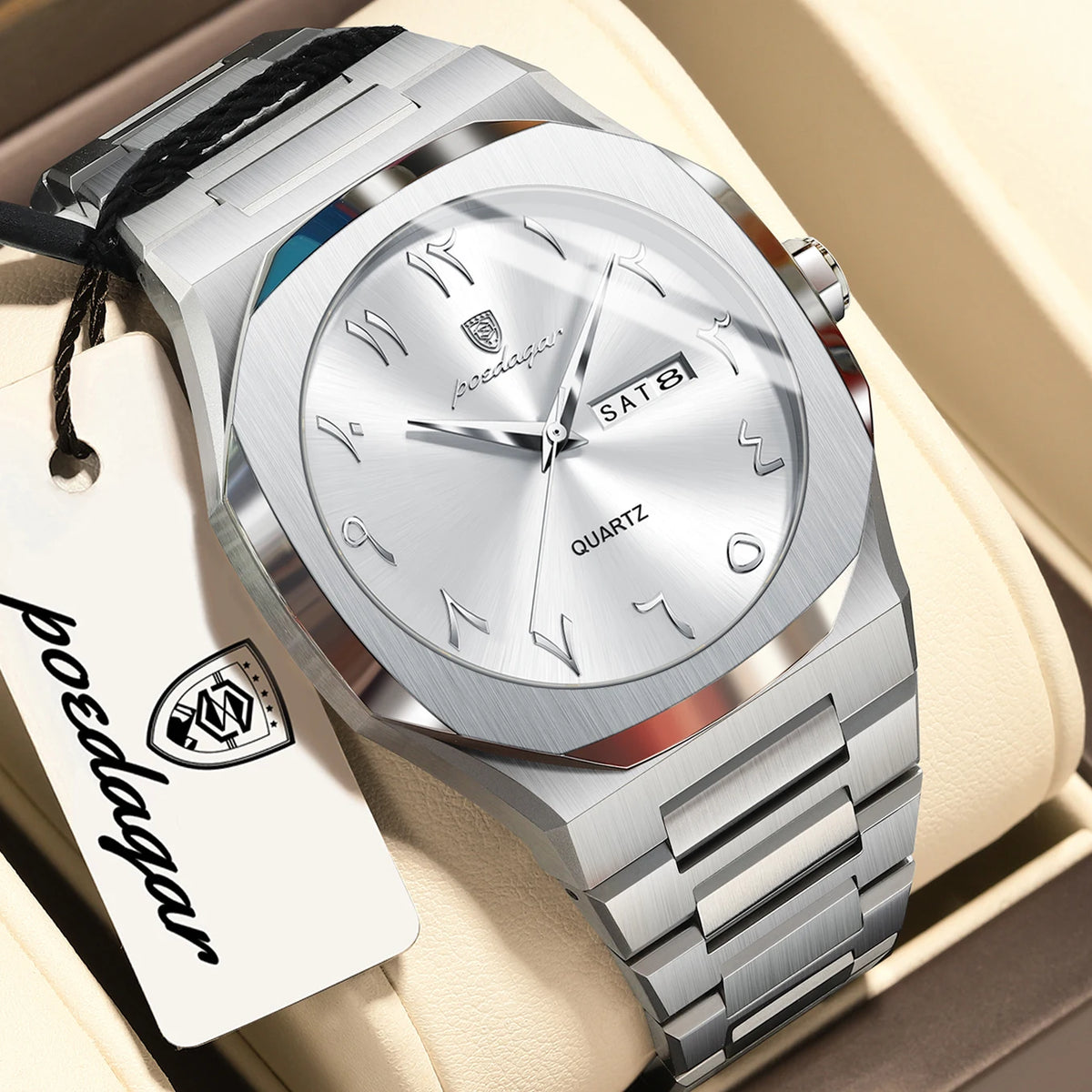 Reloj para hombre POEDAGAR original de cuarzo, resistente al agua, con fecha y día, estilo elegante, empresarial, de acero inoxidable