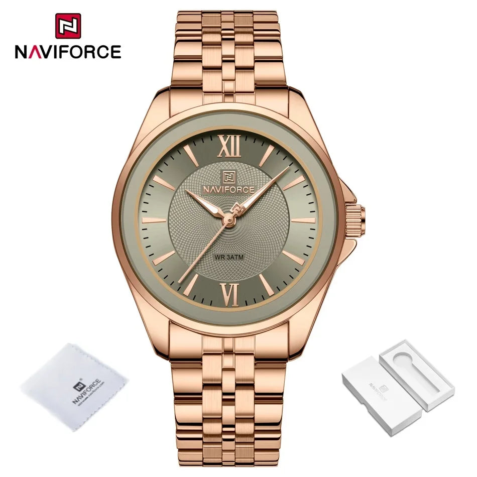 Reloj NAVIFORCE para mujer, creativo, con correa de acero inoxidable, a la moda, elegante, de cuarzo, resistente al agua 30m, reloj de pulsera femenino