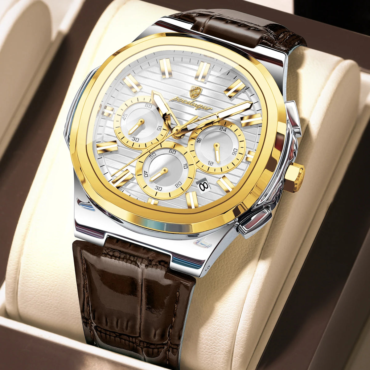 Reloj de pulsera para hombre POEDAGAR, original, de cuero, resistente al agua, luminoso, a la moda, con fecha, cronógrafo, de cuarzo, deportivo.
