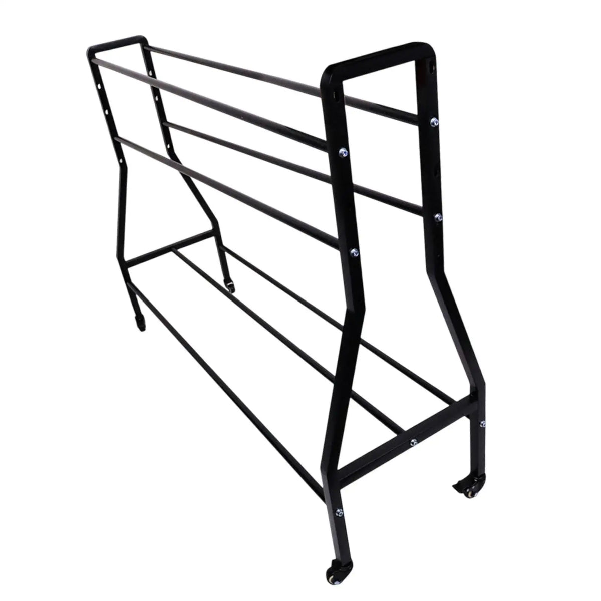 Carrito de almacenamiento grande con sistema de frenos para balones de baloncesto, con estructura estable y ruedas, ideal para el garaje o para practicar deportes en interiores.