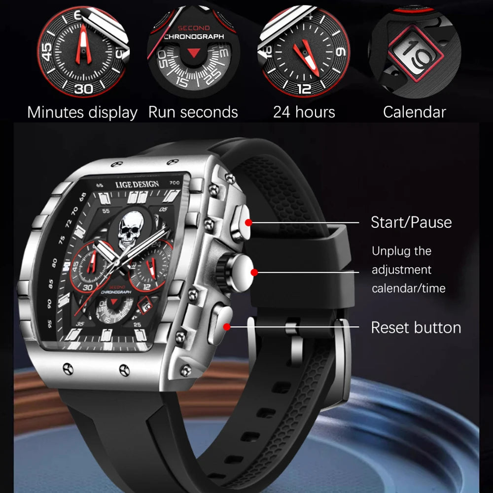 Reloj de hombre marca LIGE con esfera de calavera esqueleto, reloj deportivo militar para hombre, reloj de pulsera de cuarzo impermeable, casual, de moda y de lujo + caja