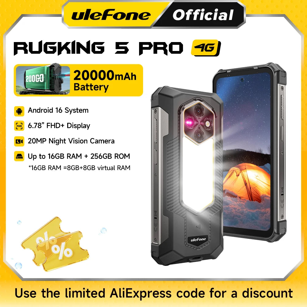 Ulefone RugKing 5 Pro Teléfono resistente de 20000 mAh Android 16 16 GB+256 GB Smartphone resistente al agua IP68/IP69K 6.78 FHD+ Cámara nocturna 4G