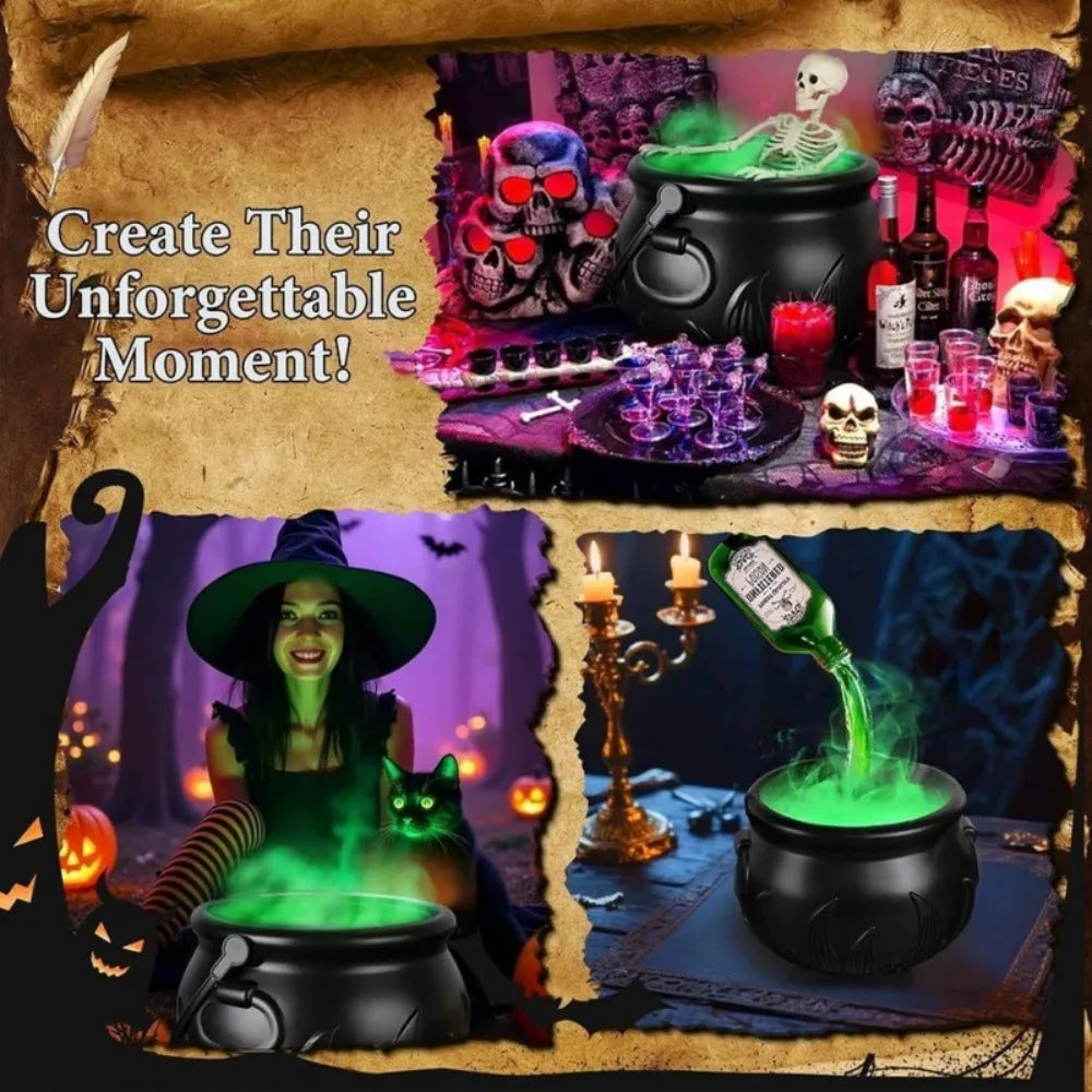 Decoraciones para fiestas, decoración del hogar, caldero de bruja, máquina de niebla con botella flotante, calavera, luz LED, accesorio de Halloween, brujería espeluznante