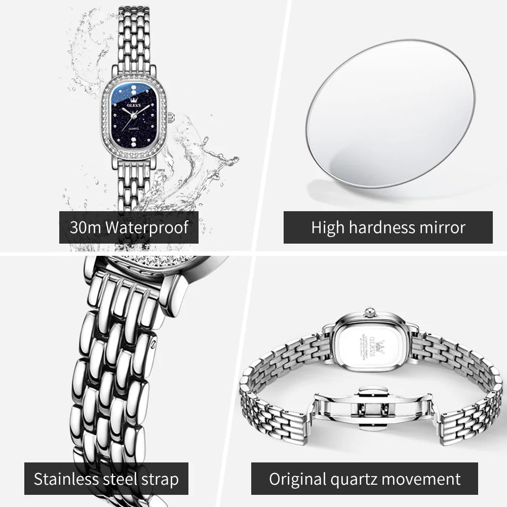 Reloj de pulsera para mujer OLEVS de lujo, diseño ovalado con bisel de cristal, cuarzo delgado, correa de piel y acero, elegante reloj multicolor 5697