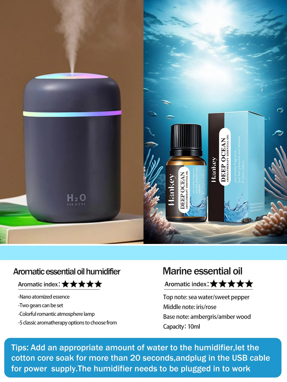 Difusor de aromaterapia de 300ml, humidificador, purificador de aire, uso doméstico en el coche, aceite esencial de aromaterapia con luz de siete colores