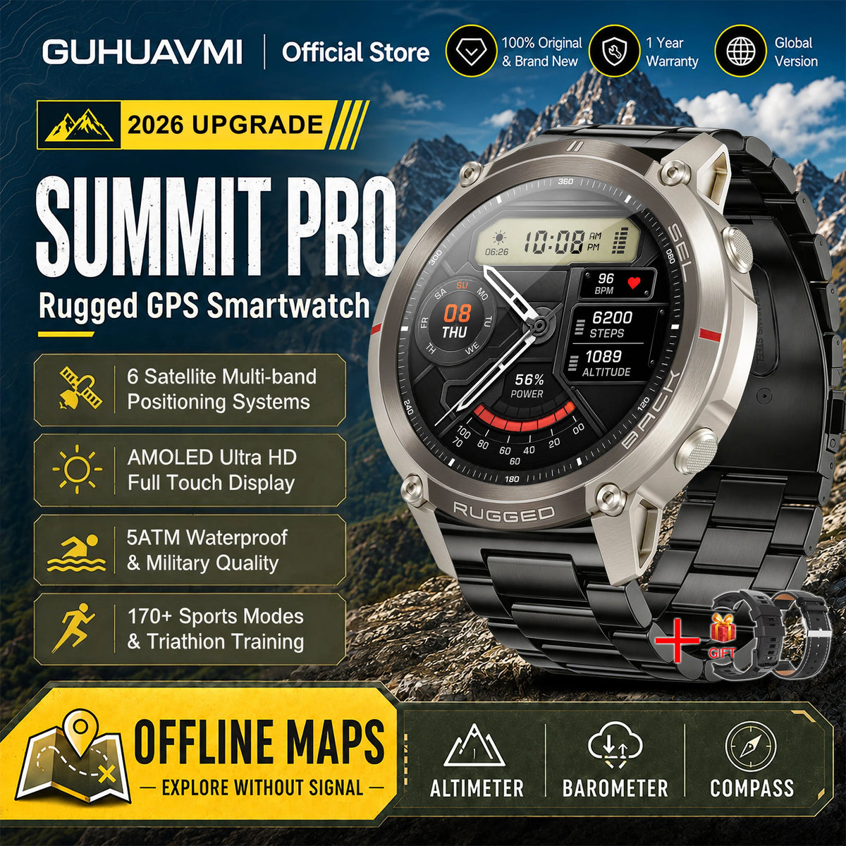 Reloj Inteligente GPS con Mapa Satelital Militar 2026, para Hombre, Pantalla AMOLED de 1.43'', Llamadas Bluetooth, Brújula, Resistente al Agua 5ATM, 170+ Deportes