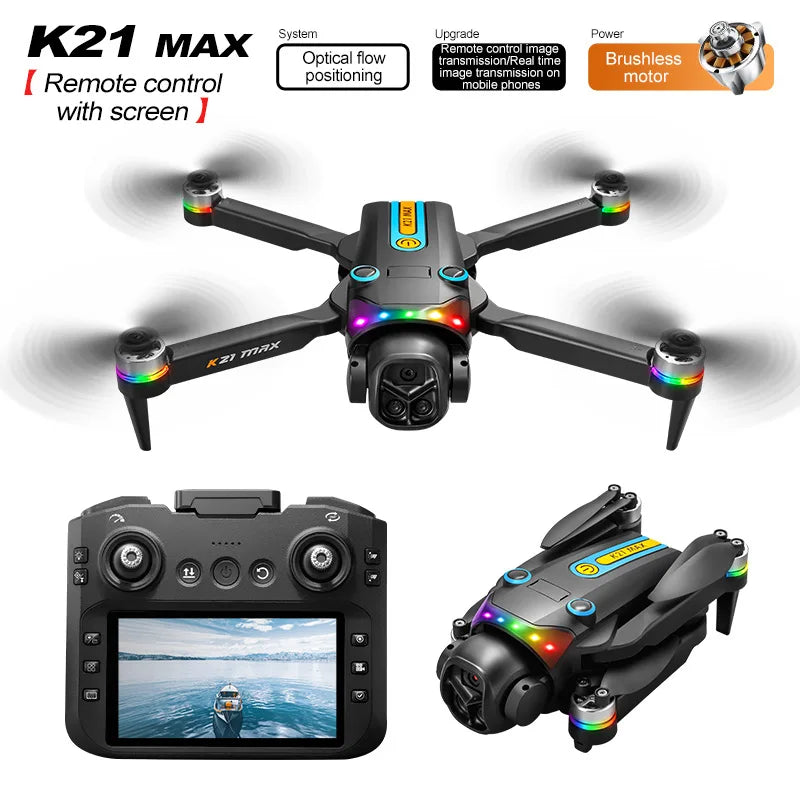 Dron plegable ZNLYRION K21MAX sin escobillas con mando a distancia con pantalla, EIS, doble cámara eléctrica, flujo óptico, luces LED de colores y RC Quadcopter