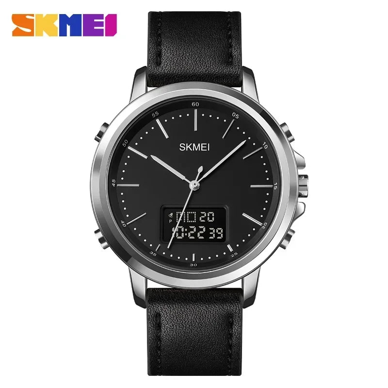SKMEI 1652 Reloj impermeable con correa de cuero para hombre, reloj de pulsera digital, cronógrafo, alarma, pantalla dual, informal