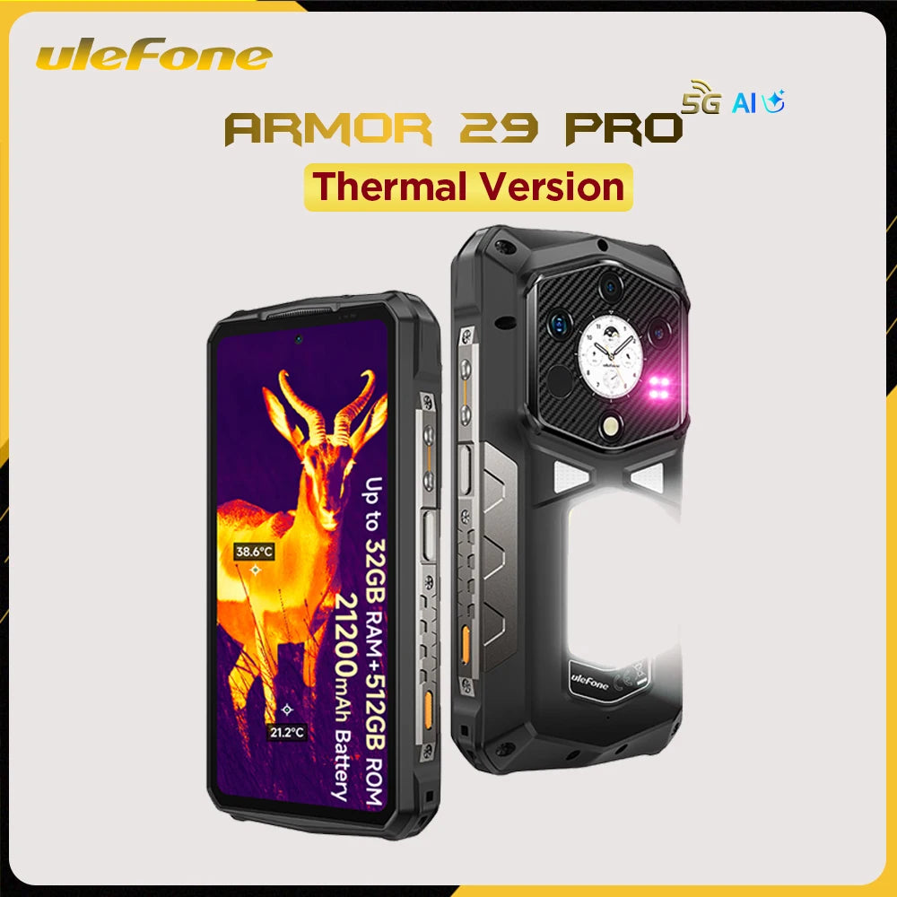 Smartphone resistente Ulefone Armor 29 Pro T 5G, Android 15, MTK Dimensity 7400, 21200 mAh, carga rápida de 120 W, 6,67", 120 Hz, 512 GB ROM