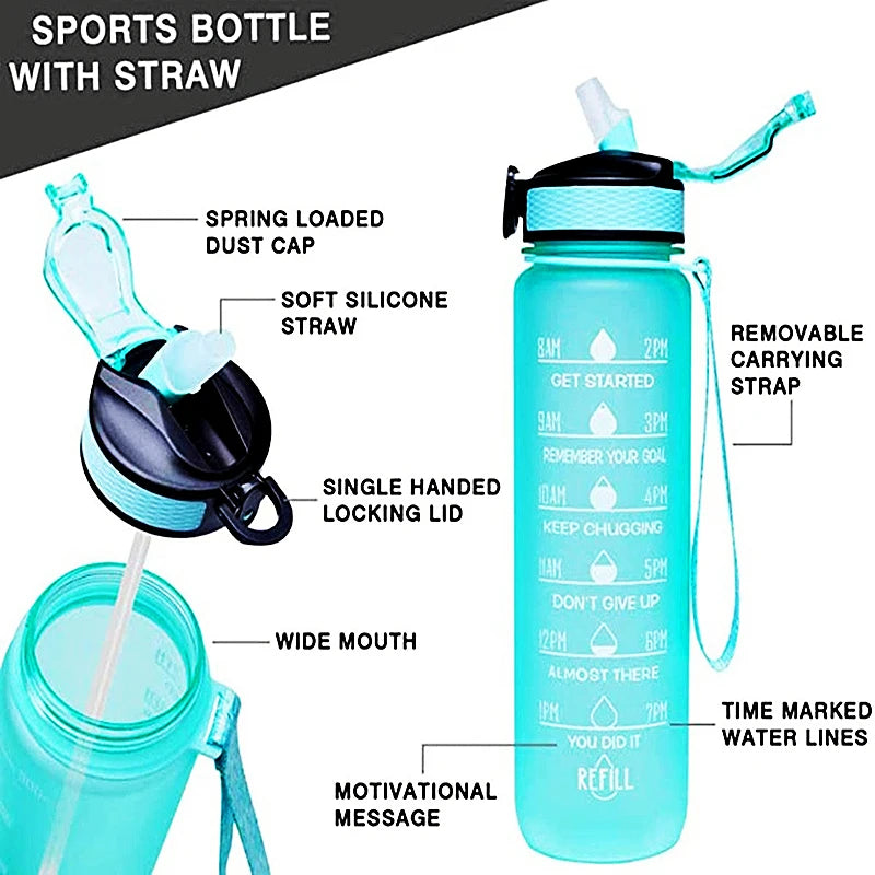 Botella de agua portátil de 1 litro con pajita, botella de agua deportiva motivacional, botellas a prueba de fugas para beber, jarras de Fitness para viajes al aire libre