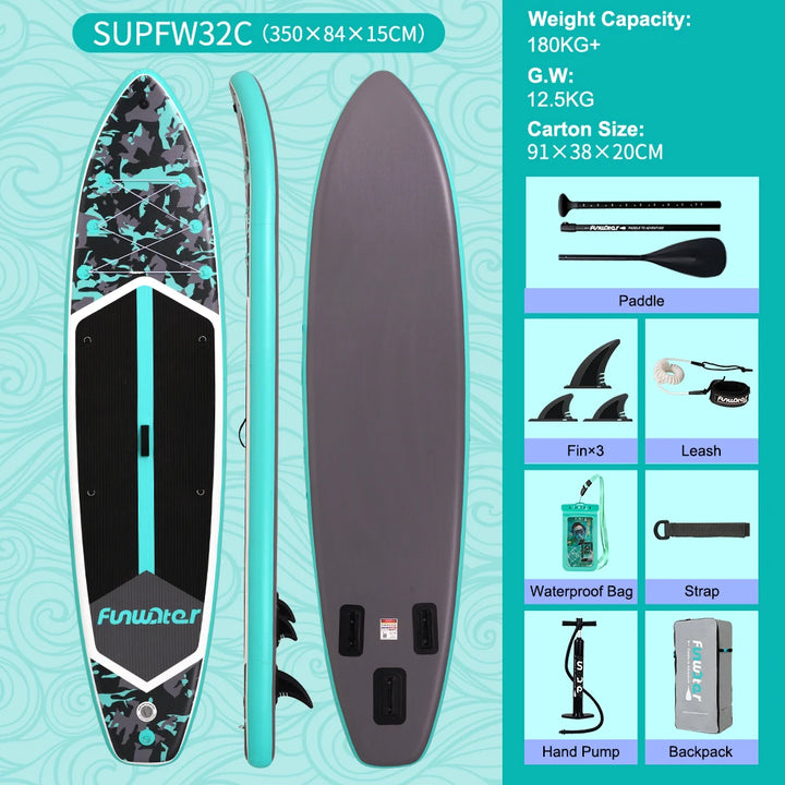 Tabla de paddle surf Funwater SUPFW32C, 350x84x15 cm, 180 kg+, SUP hinchable de camuflaje negro y turquesa para lagos, bahías tranquilas, yoga y pesca, paddleboard con soporte para cámara y accesorios