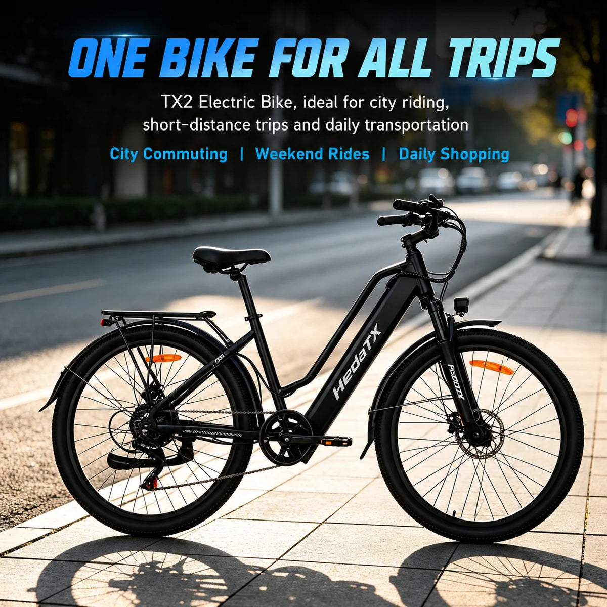 Bicicleta eléctrica de paseo HEDA TX2, bicicleta de montaña eléctrica de 26", marco de aleación de aluminio, batería de litio de 48V 16Ah, motor en el buje trasero, transmisión de 7 velocidades, suspensión delantera, pantalla digital LCD