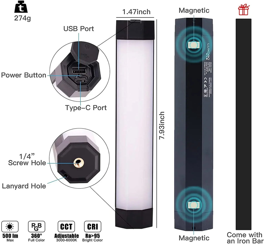 LUXCEO-luces de vídeo P200, lámpara de Control por aplicación de tubo RGB IP67, palo de iluminación LED para fotografía a prueba de lluvia para Tiktok/Vlog/grabación en vivo