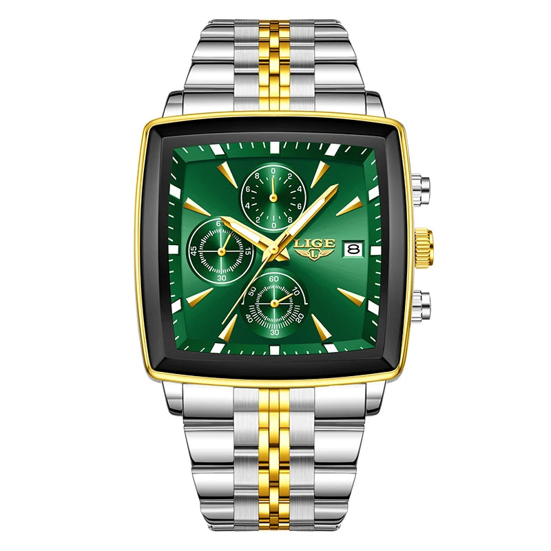 Relojes de lujo LIGE para hombre, esfera cuadrada, acero inoxidable, resistente al agua, luminoso, fecha automática, cronógrafo, reloj de cuarzo para hombre + caja