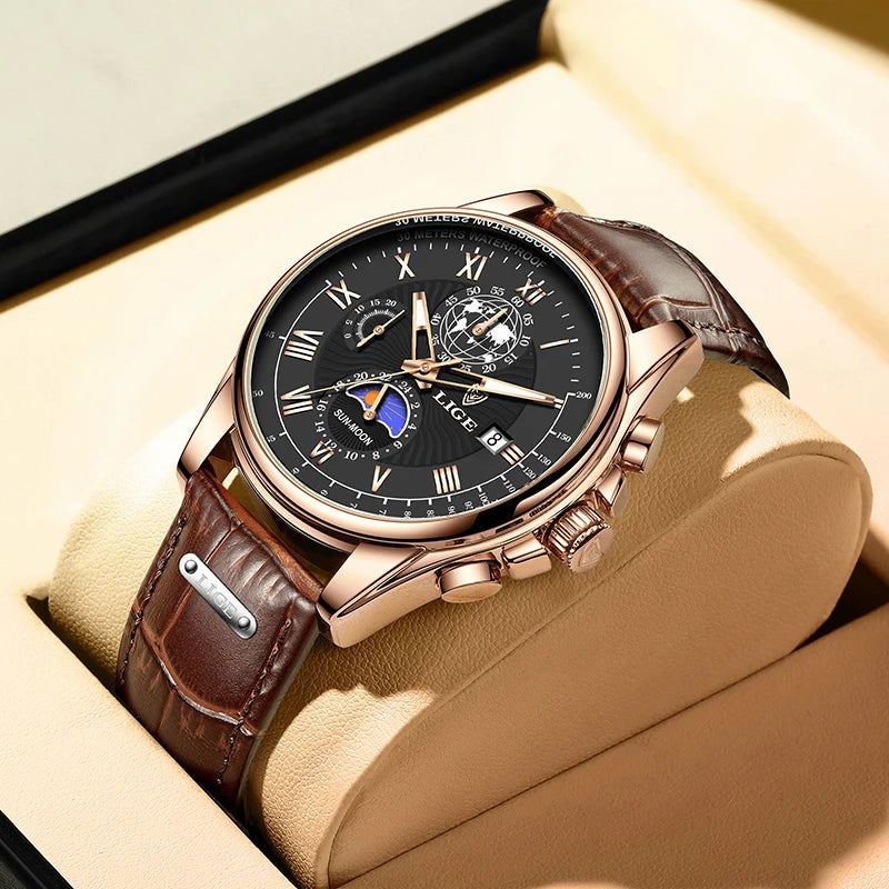 Reloj de hombre LIGE 2026, reloj de pulsera de lujo de marca superior, reloj de cuarzo con correa de piel, reloj deportivo impermeable para hombre + caja