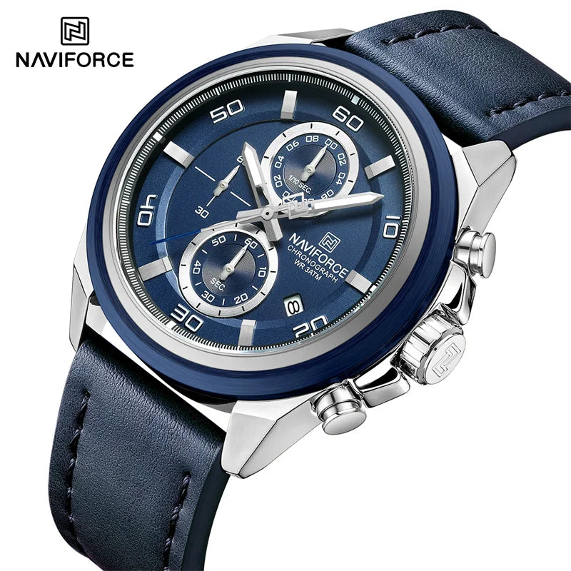 Reloj cronógrafo deportivo de lujo NAVIFORCE para hombre, resistente al agua 3ATM, militar, con manecillas luminosas, indicador de fecha y correa de cuero