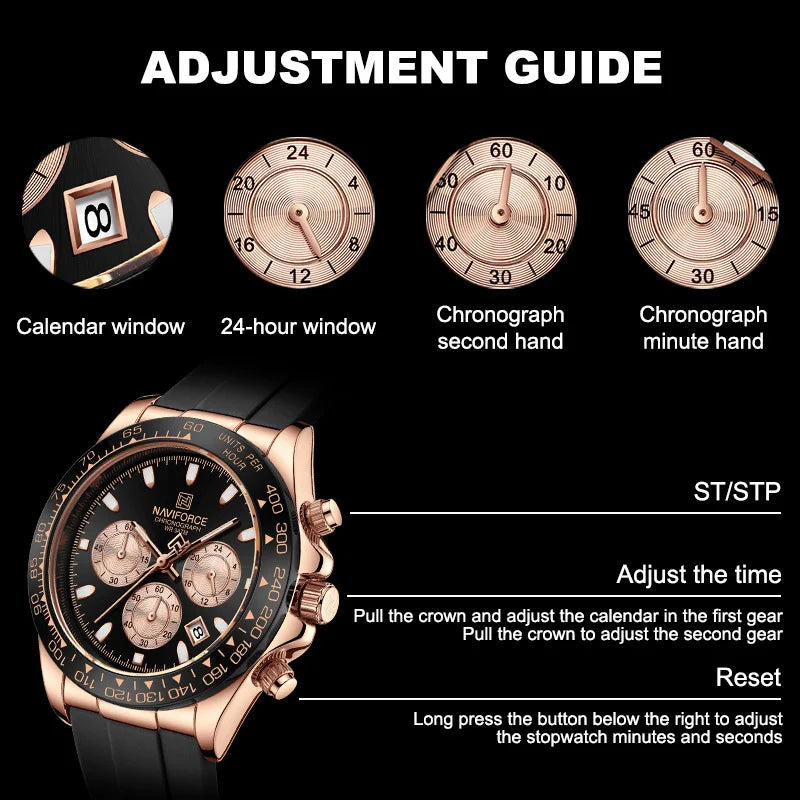 Reloj de pulsera para hombre NAVIFORCE, marca líder, cronógrafo, visualización de fecha y 24 horas, reloj de moda con correa de silicona, multifunción.