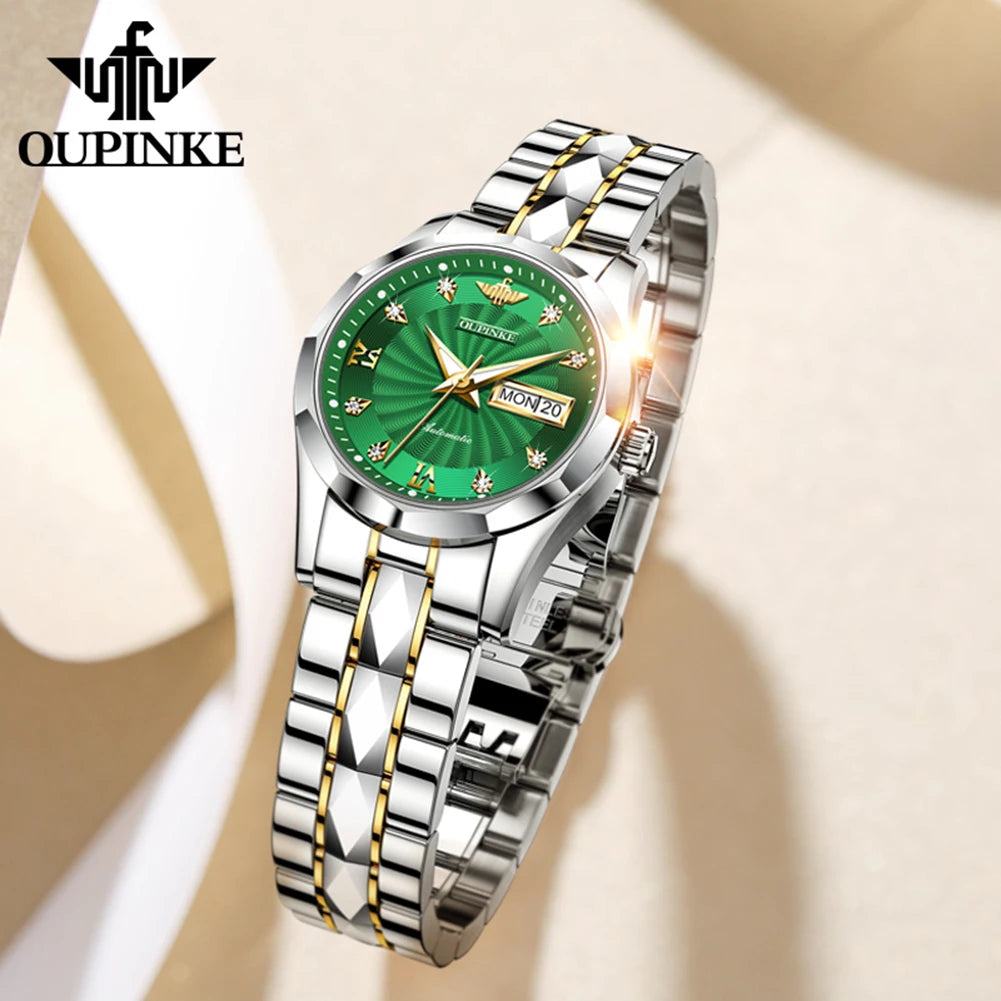 OUPINKE 3169 Reloj mecánico automático de lujo, elegante y moderno para mujer, con calendario de día y fecha, resistente al agua, regalo original