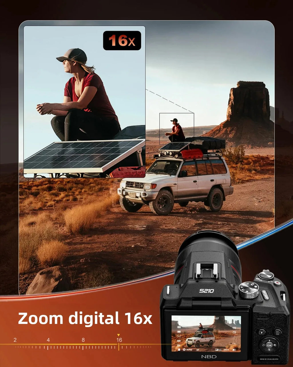 Cámara compacta para vlogs NBD 8K, cámara fotográfica de 64MP con zoom óptico de 16X, pantalla LCD giratoria de 2.8 pulgadas, zapata para accesorios.