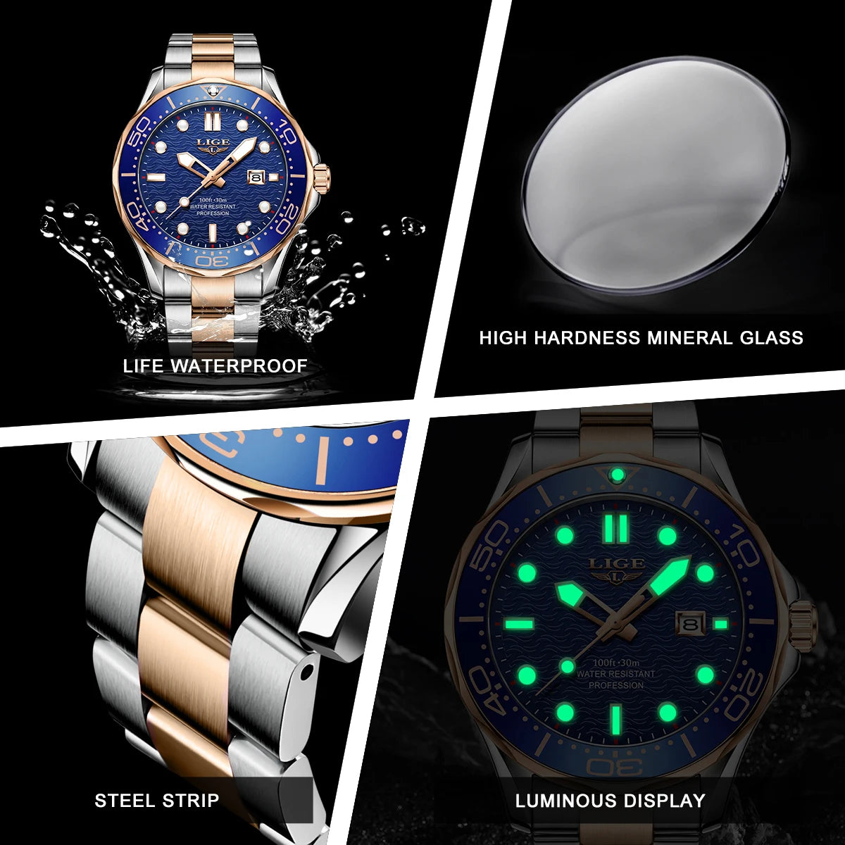 LIGE Classic Quartz Watch for Men Rotating Bezel Luminous Calendar Business Men's Watches Stainless Steel Man Wristwatch+Box