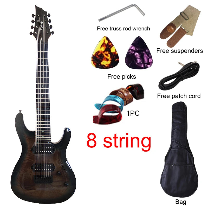 Guitarra Eléctrica de 7 y 8 Cuerdas, 39 Pulgadas, Tapa de Madera de Okoume, Cuerpo de Madera de Okoume, Mástil de Arce Canadiense, Acabado Brillante, Alta Calidad, Rojo y Azul