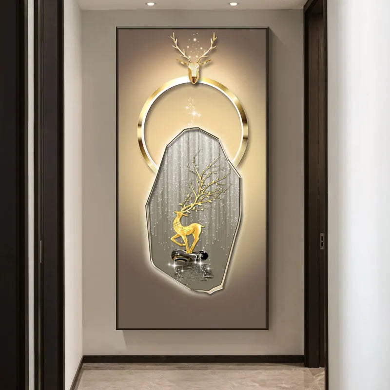 Cuadro decorativo LED con ciervo dorado, borde iluminado circular y halo de luz cálida
