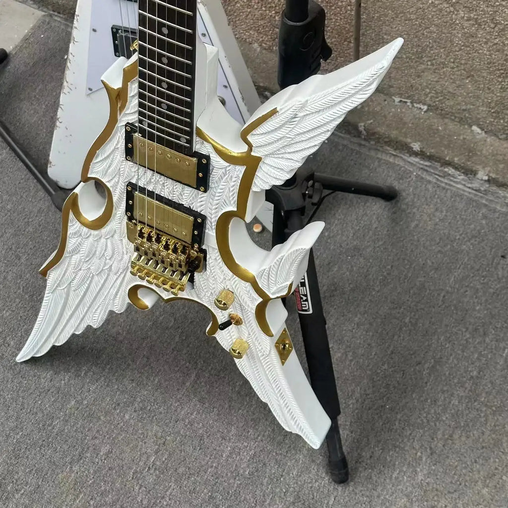 Guitarra eléctrica con alas de Ángel grabadas 6-S, HH, cuerpo blanco con piezas doradas, envío rápido gratis