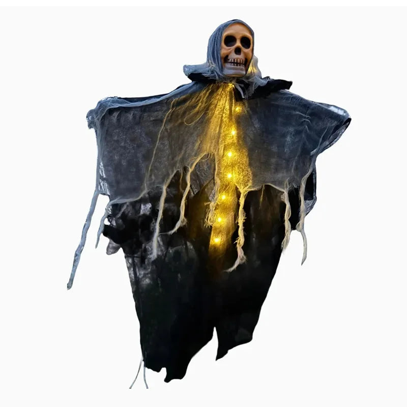 1 unidad de calavera iluminada con esqueleto y gasa, fantasma colgante, accesorio de Halloween, decoración festiva para fiestas temáticas y decoración de ambiente.